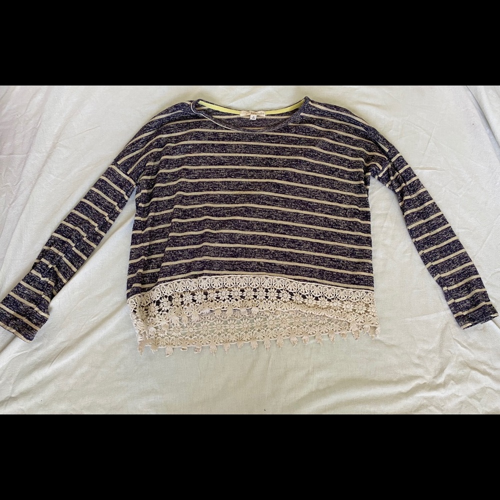 Rewind Stripped Black Sweater with Lace on Bottom